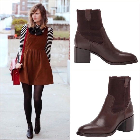 Frye Shoes - Frye Monroe Stretch Brown Leather Suede Almond Toe PullOn Chunky Heel Ankle Boot